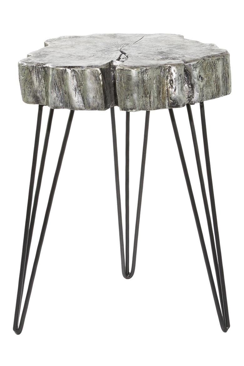 Gray Polystone Tree Trunk Accent Table with Black Hairpin Legs, Main, color, GREY