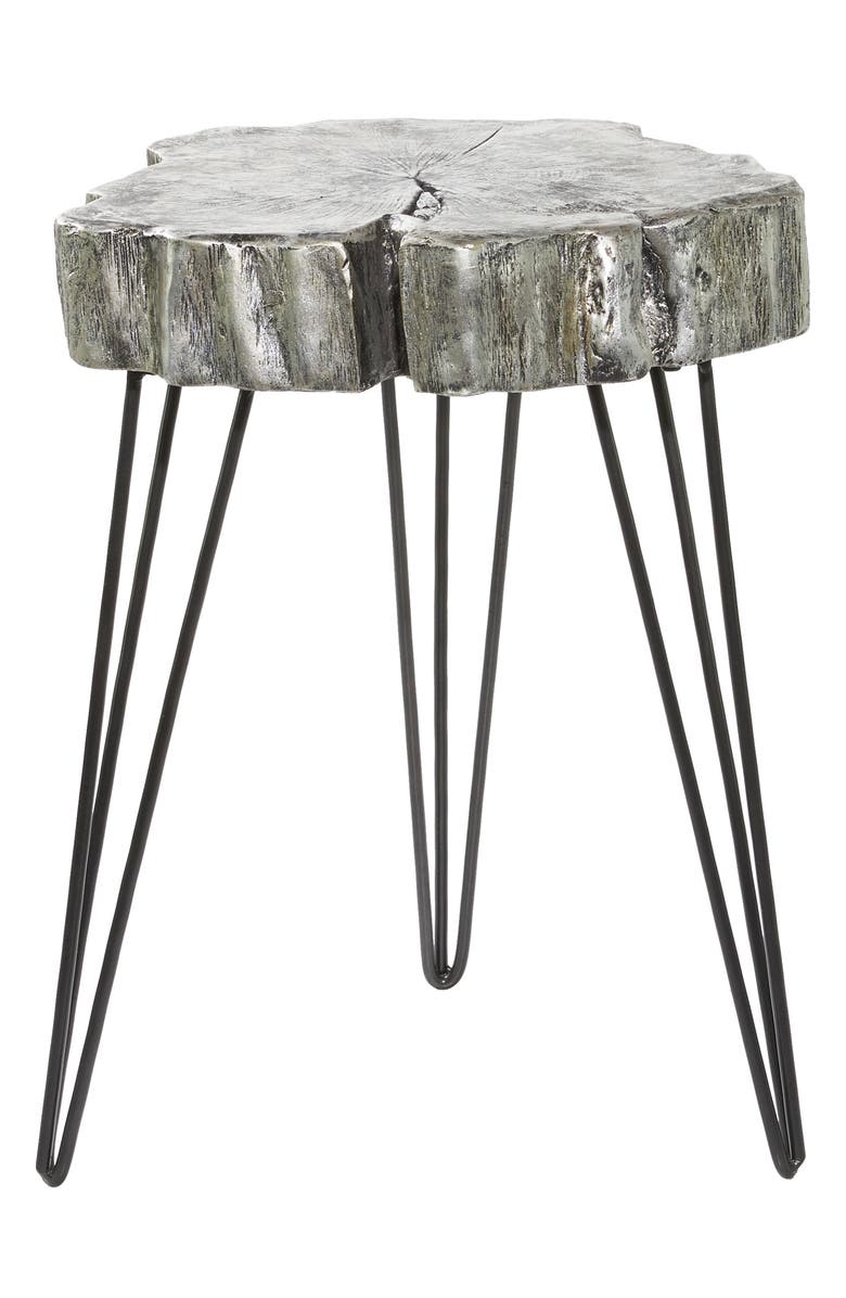 GINGER BIRCH STUDIO Gray Polystone Tree Trunk Accent Table with Black Hairpin Legs, Main, color, 