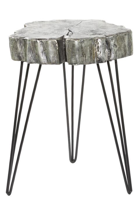 Gray Polystone Tree Trunk Accent Table with Black Hairpin Legs