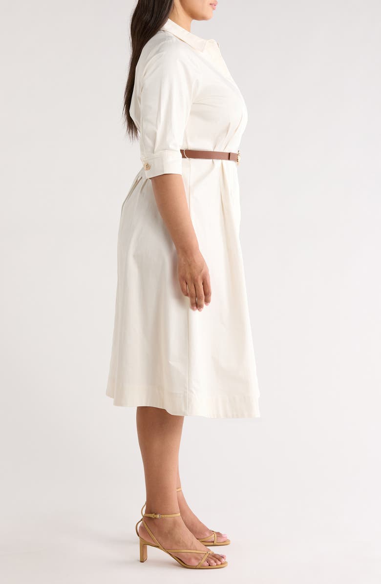 Anne Klein Belted Elbow Sleeve Stretch Cotton Sateen Shirtdress, Alternate, color, White Dove