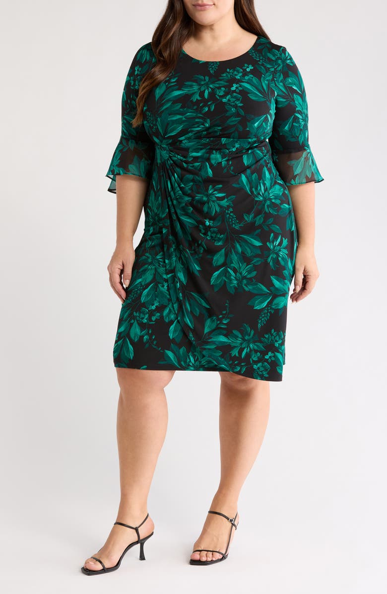 Connected Apparel Bell Sleeve Faux Wrap Dress, Main, color, Hunter