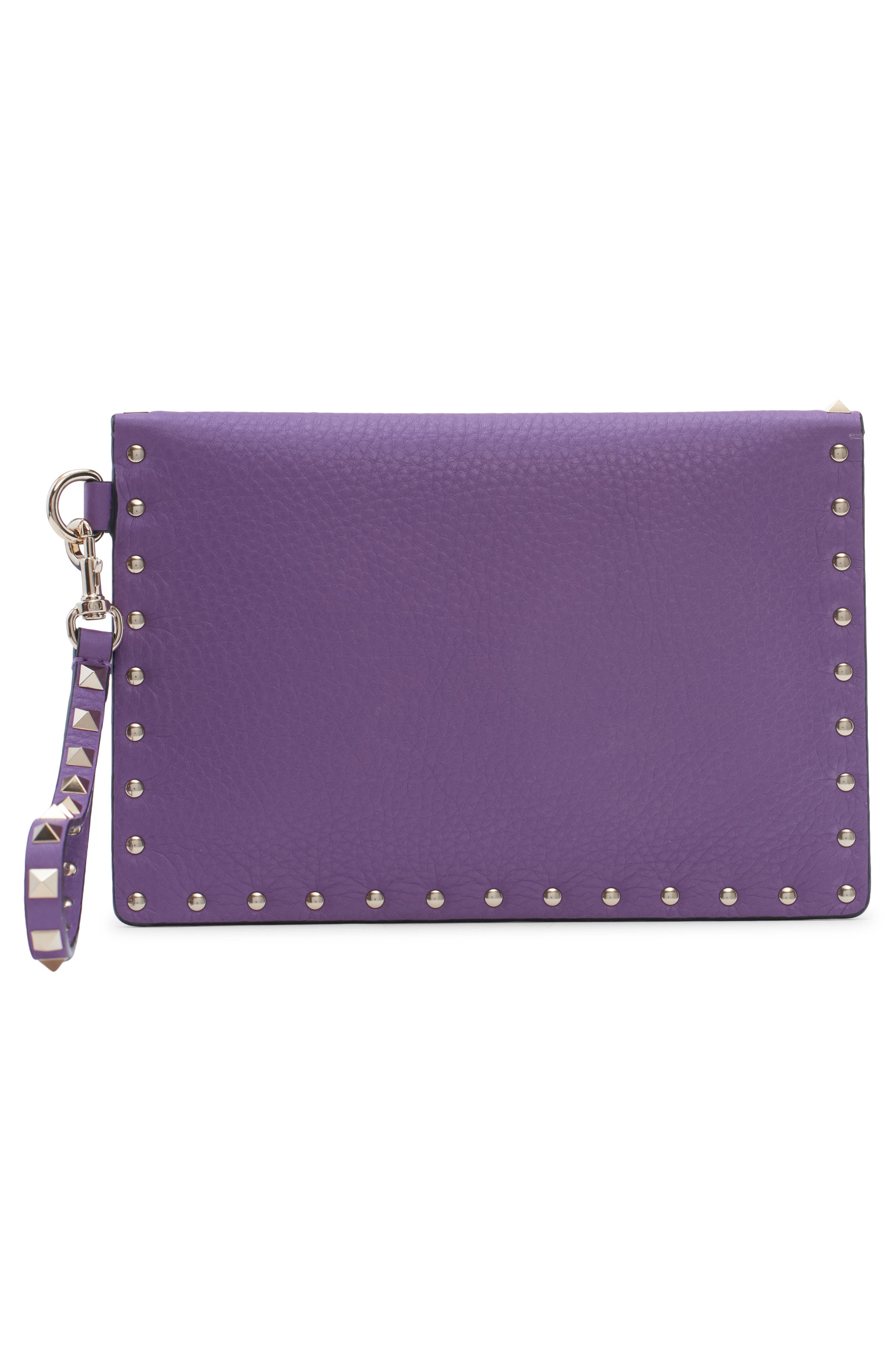 Medium Rockstud Leather Clutch, Alternate, color, VIOLET