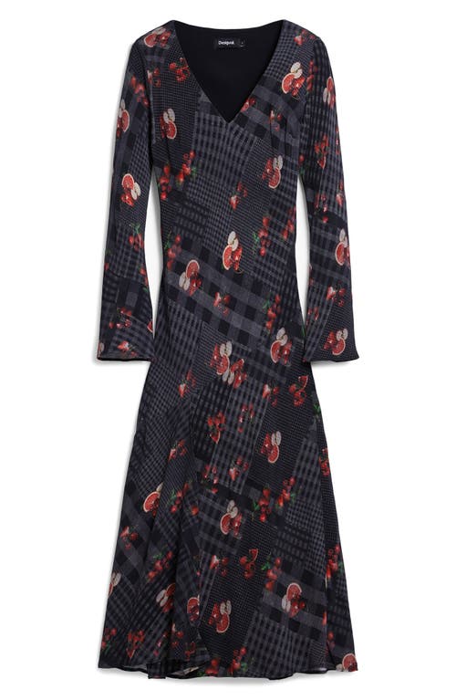 Desigual Mixed Print Long Sleeve Midi Dress In Gray