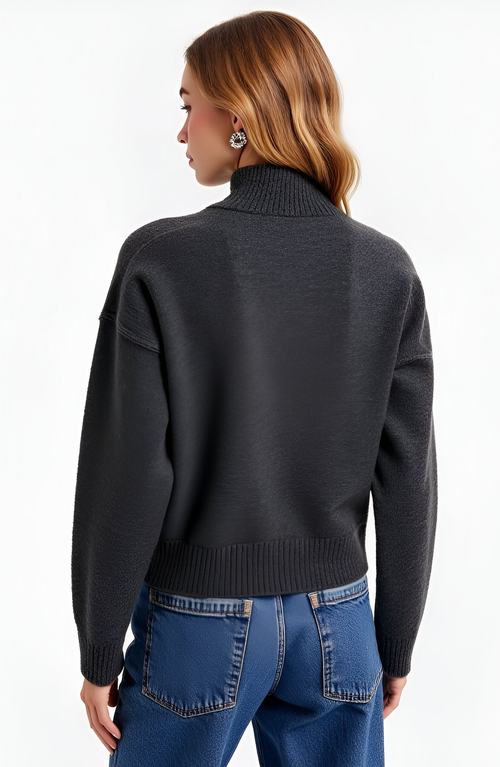 Modenaire Mock Neck Raglan Sleeve Wide Ribbed Hem Sweater In Black