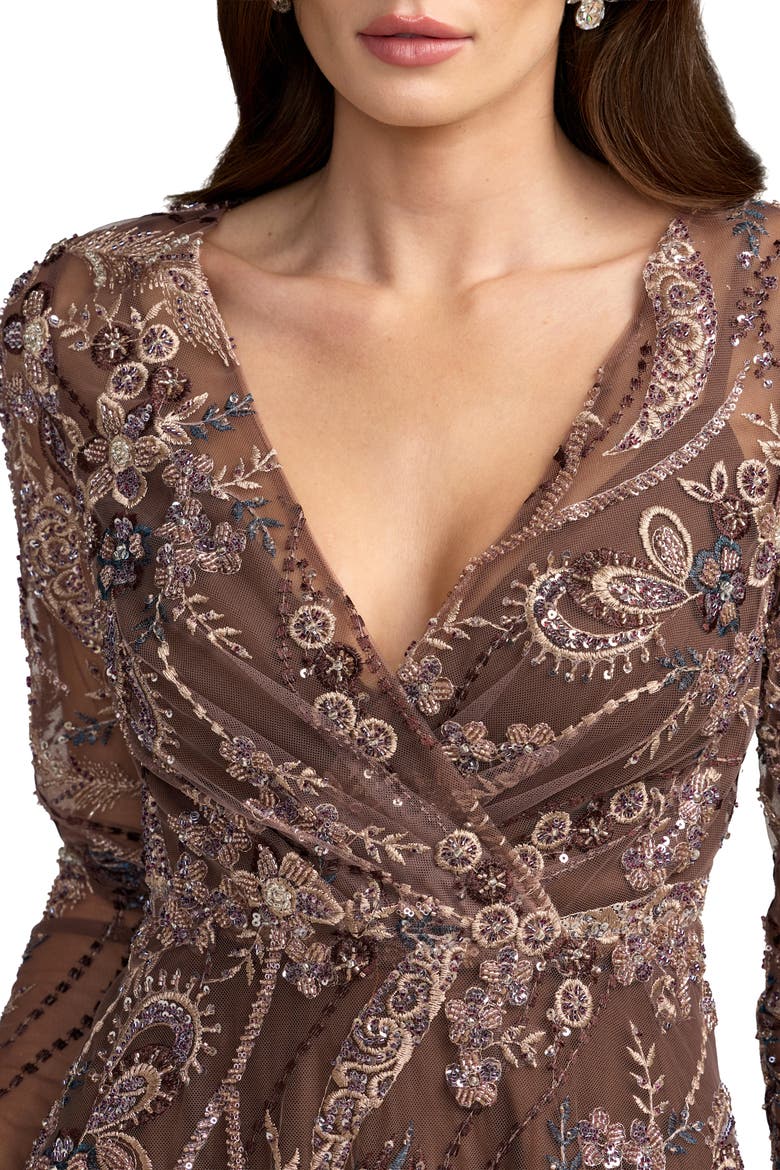 Petite Beaded Embroidered Maxi Dress, Alternate, color, Chocolate