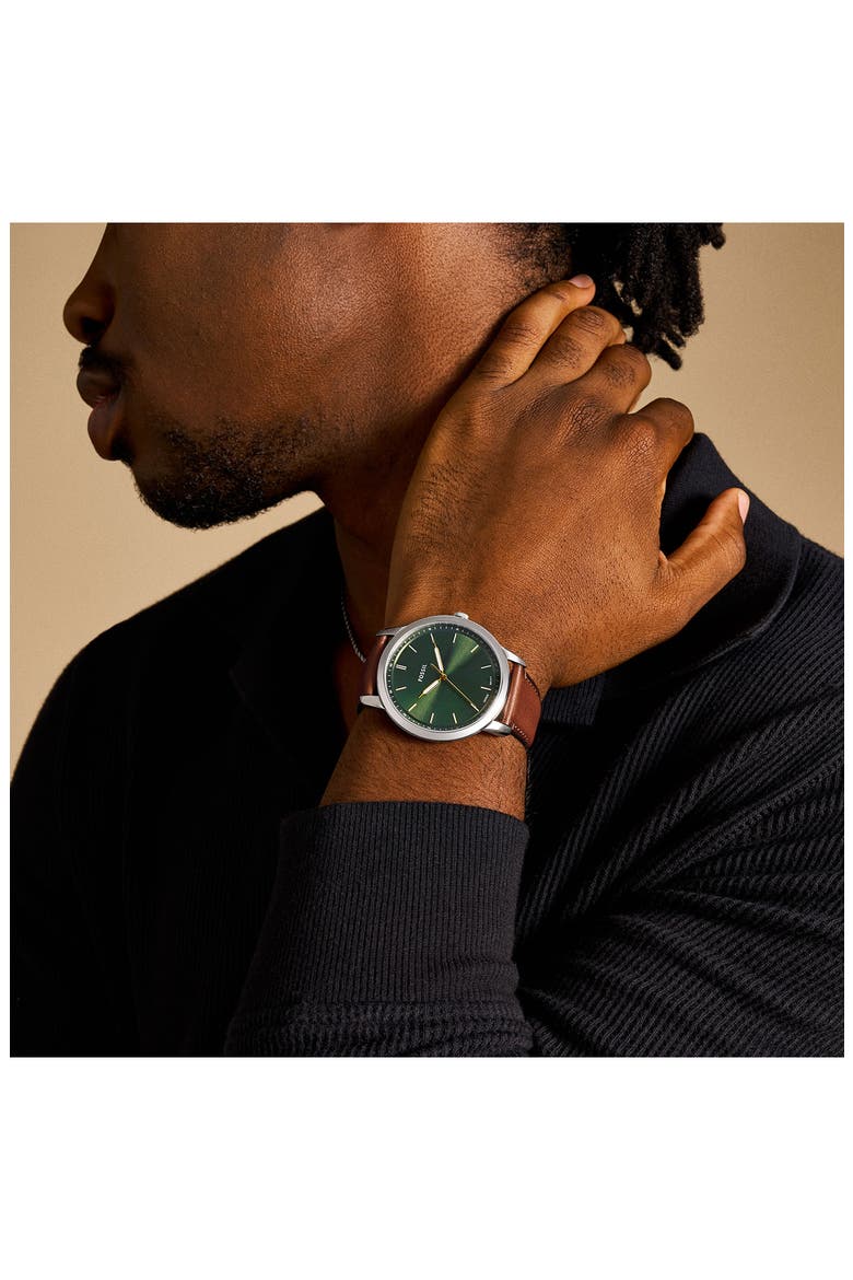 Minimalist Leather Strap Watch, 44mm, Alternate, color, BROWN / SILVER