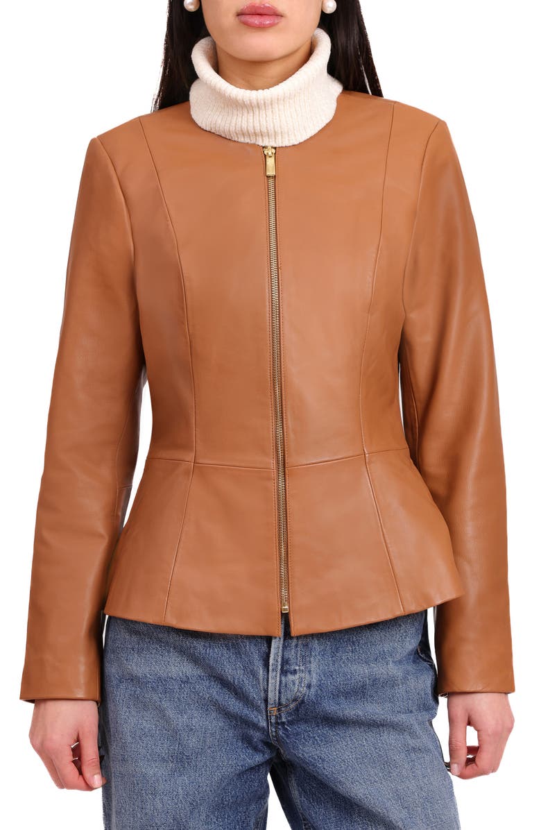 Bagatelle Genuine Leather Zip Front Peplum Jacket, Alternate, color, Cognac