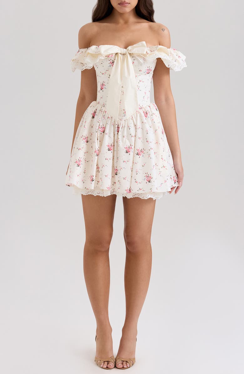 HOUSE OF CB Jaide Off the Shoulder Minidress, Main, color, Ivory/ Floral Blue Pink