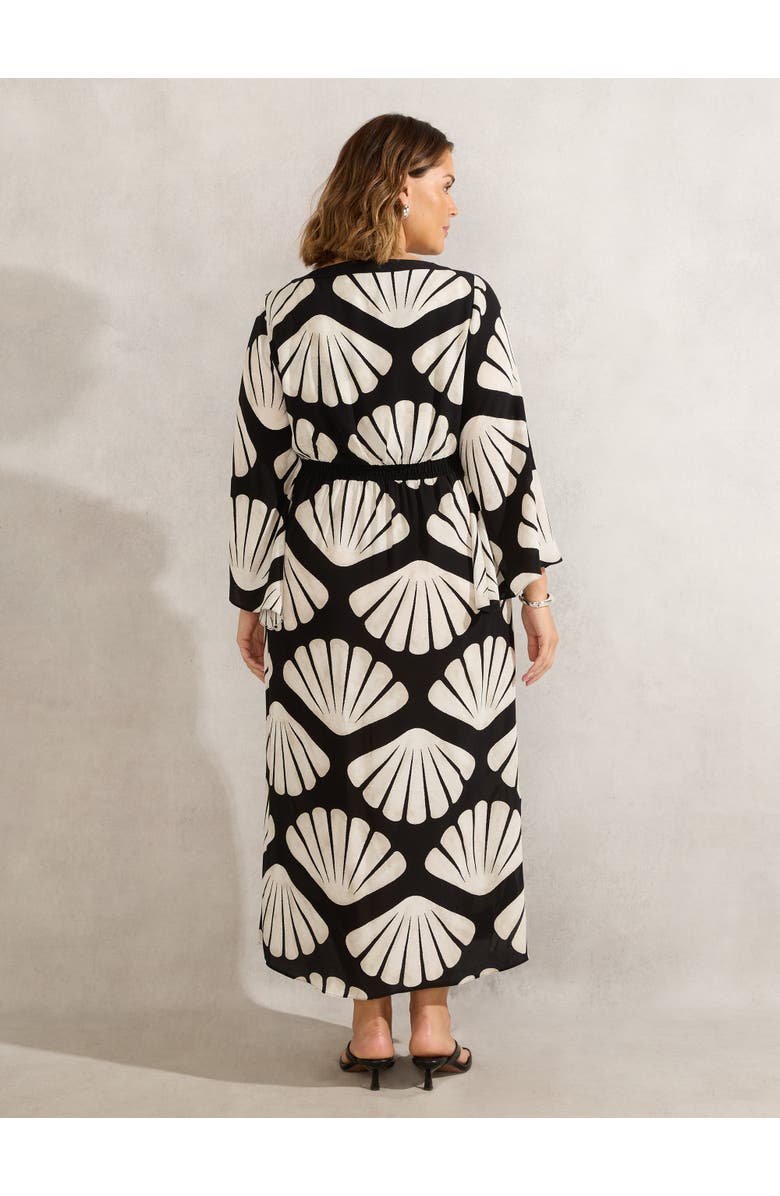 Live Unlimited Shell Print Flared Sleeve V-Neck Dress, Alternate, color, Black