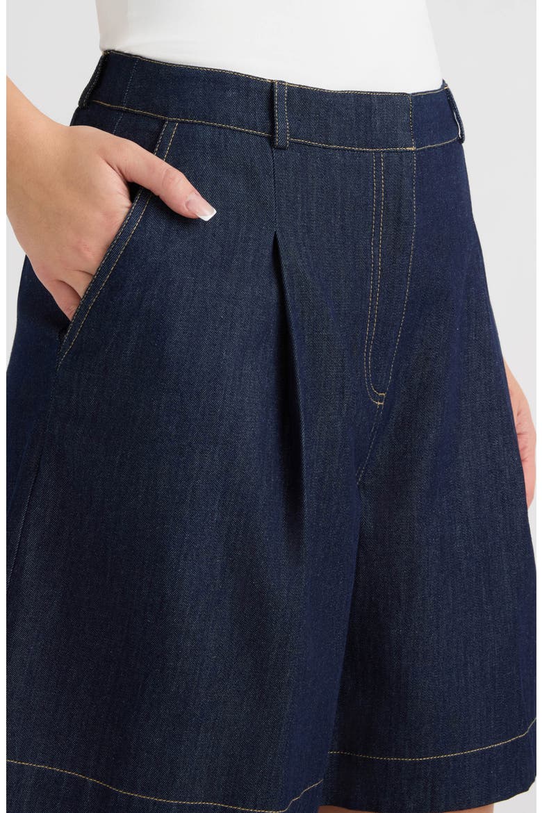 Pleated Bermuda Shorts, Alternate, color, DARK DENIM