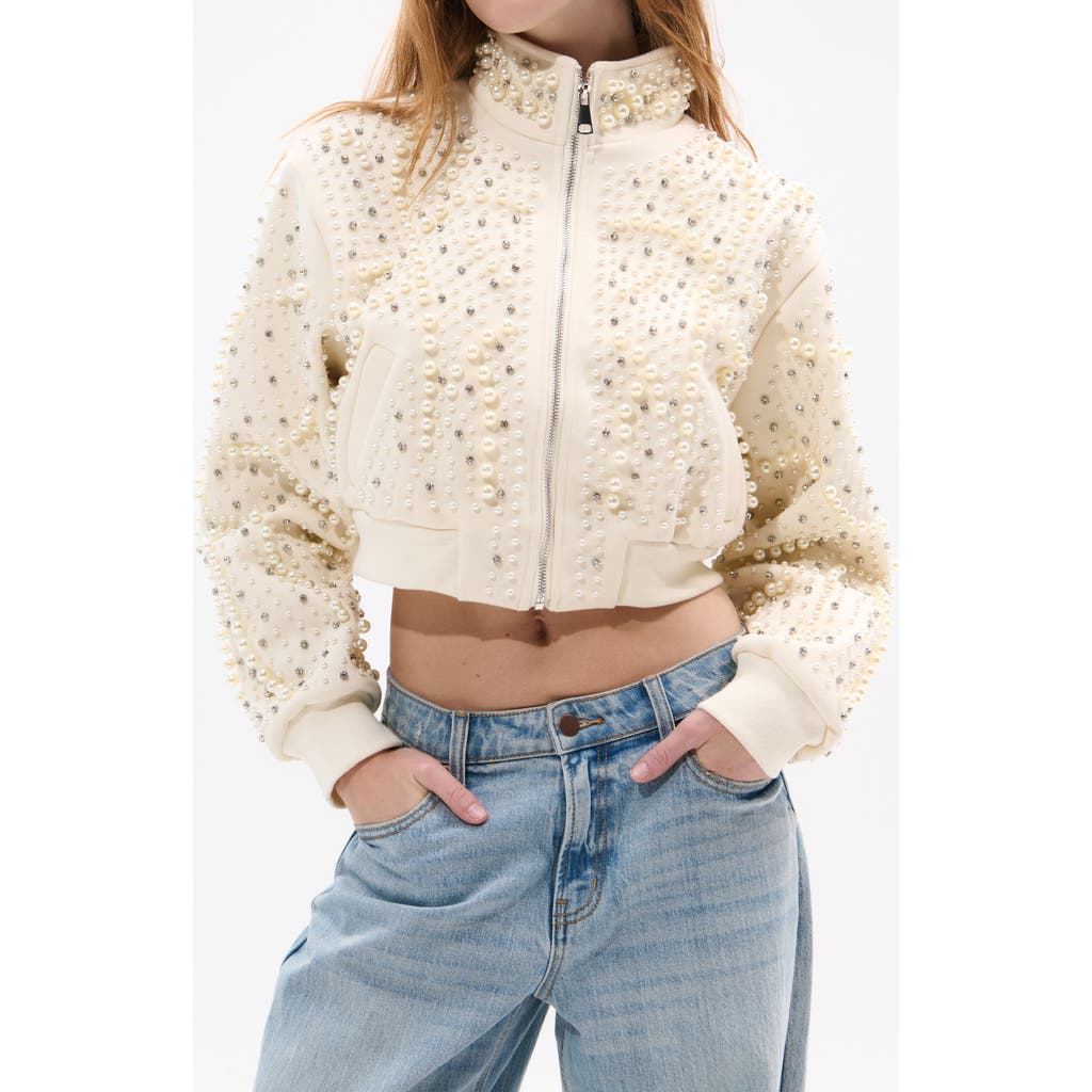 Azalea Wang Pearlized Embellished Bomber Jacket In White