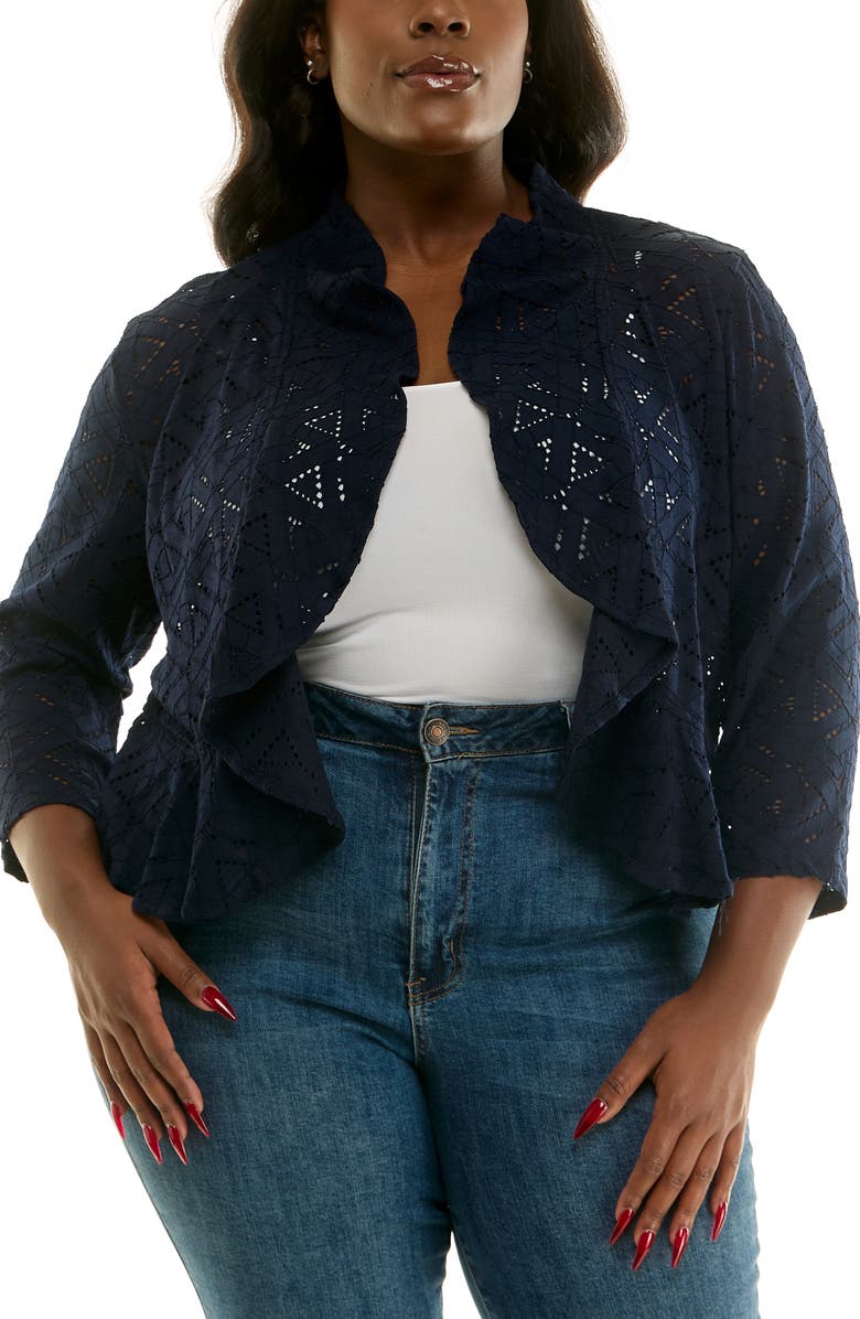 Nina Leonard Ruffle Lace Three-Quarter Sleeve Bolero, Main, color, Navy