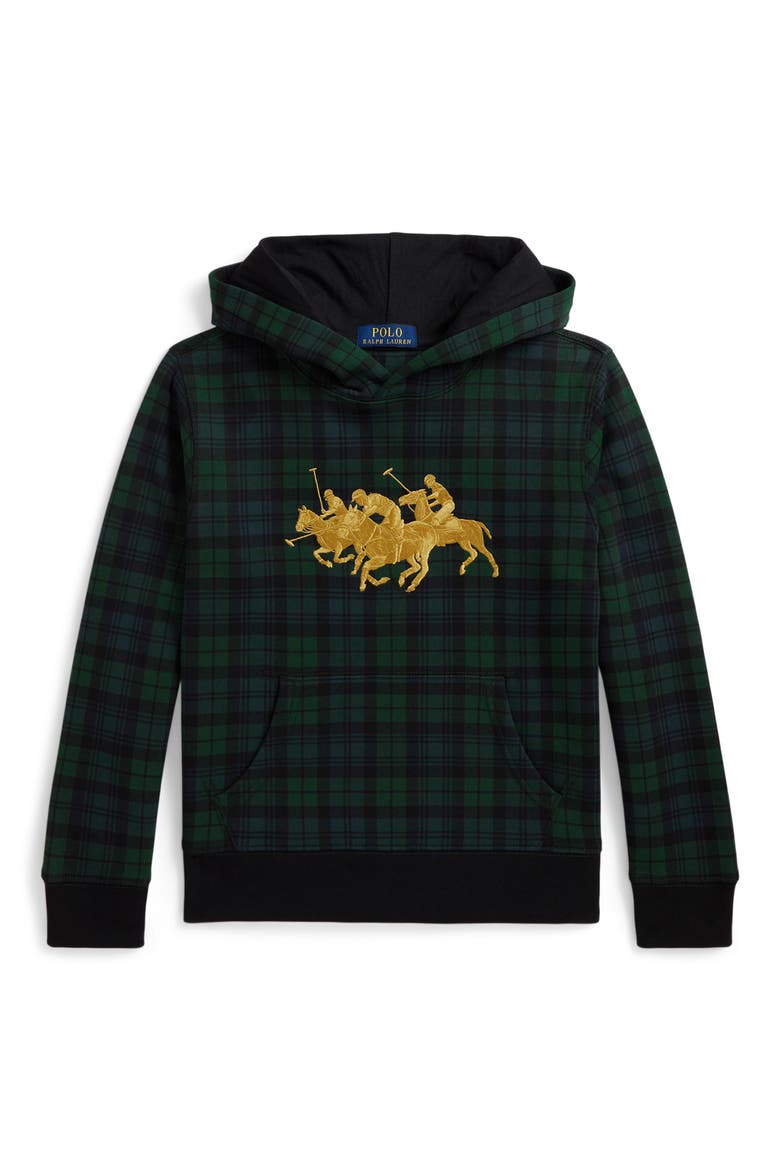 Triple Pony Plaid Fleece Hoodie, Main, color, BLACKWATCH TARTAN