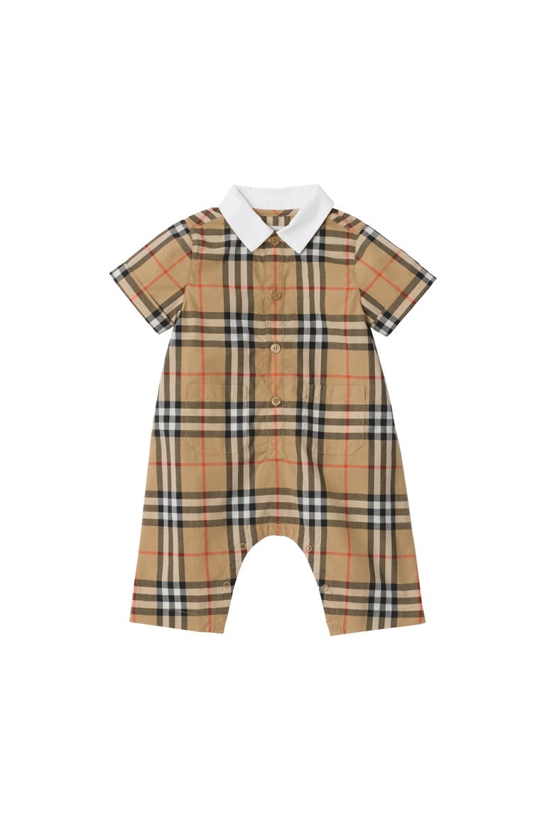 Check Cotton Playsuit, Main, color, Sand beige