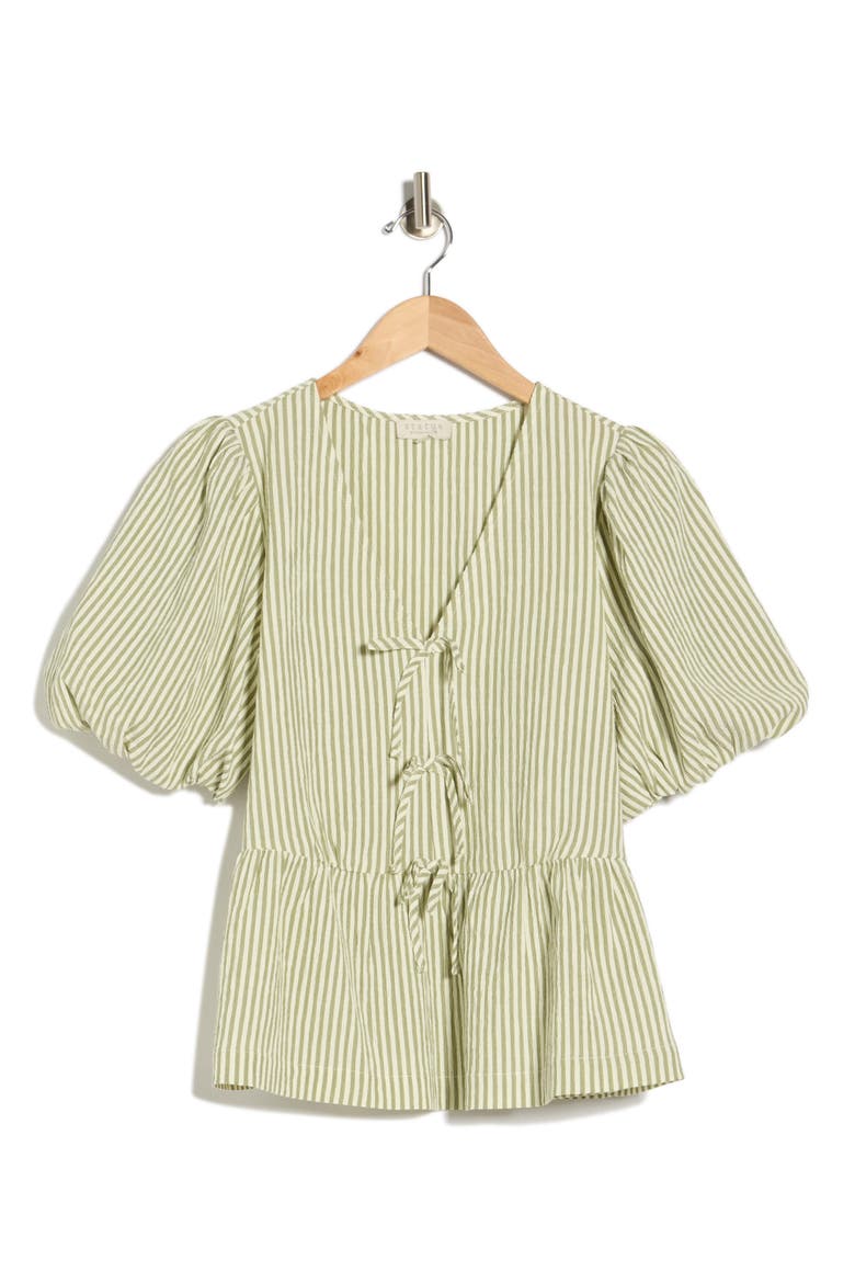 Bow Short Sleeve Seersucker Peplum Top, Alternate, color, GREEN IVORY