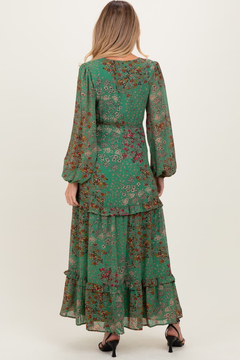 Floral Chiffon V-Neck Long Sleeve Maxi Dress, Alternate, color, Green