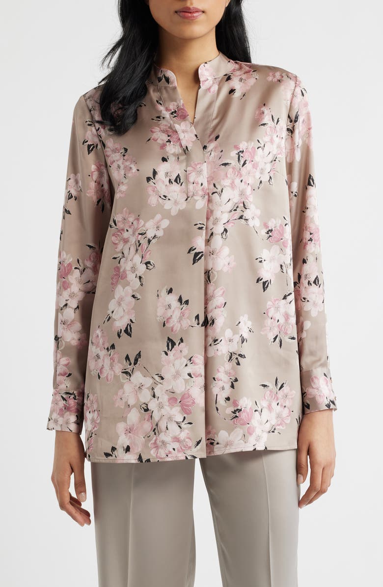 Anne Klein Print Popover Satin Top, Main, color, Porcini Multi