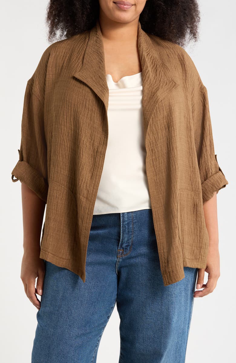 MAX STUDIO Textured Open Front Jacket, Main, color, Heather Umber