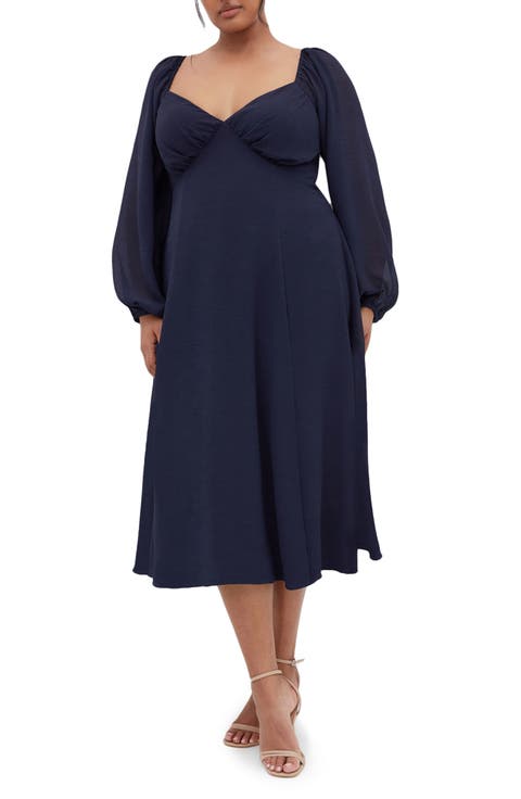 Flirty Long Sleeve Cocktail Midi Dress (Plus)