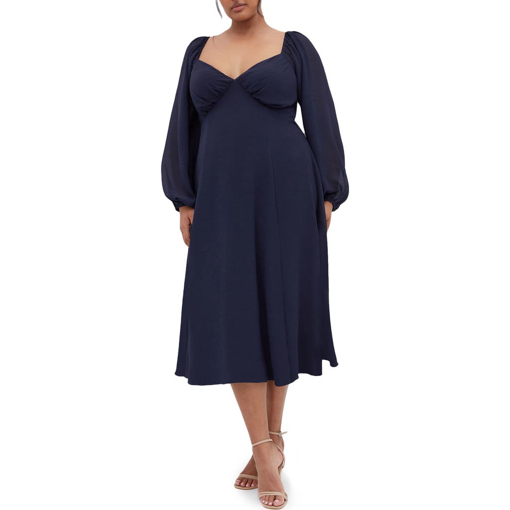 City Chic Flirty Long Sleeve Cocktail Midi Dress In Navy