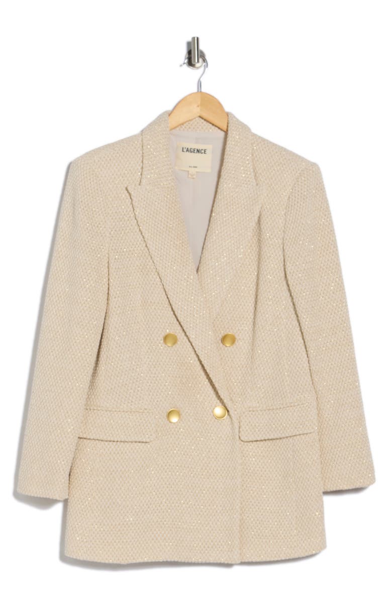 L'AGENCE Riva Double Breasted Knit Blazer, Alternate, color, White/Ivory/Gold
