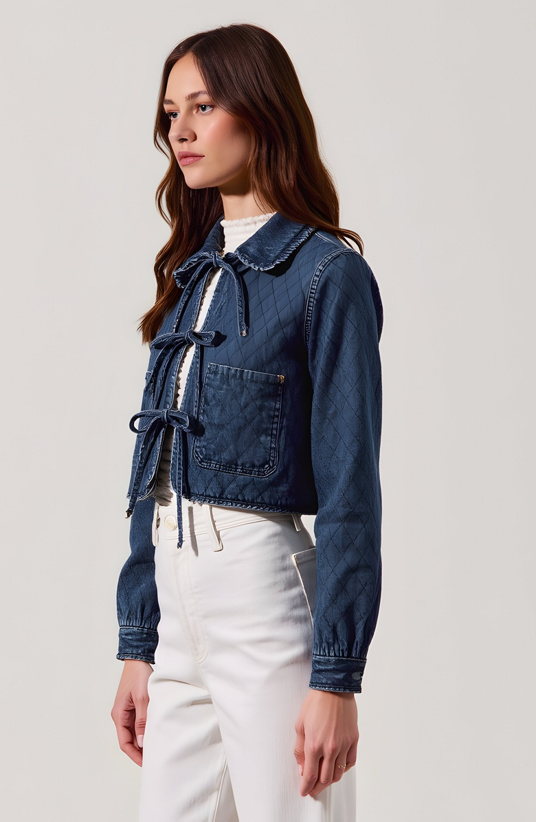 Modenaire Quilted Cropped Denim Jacket with Front Tie Closure and Patch Pockets, Alternate, color,