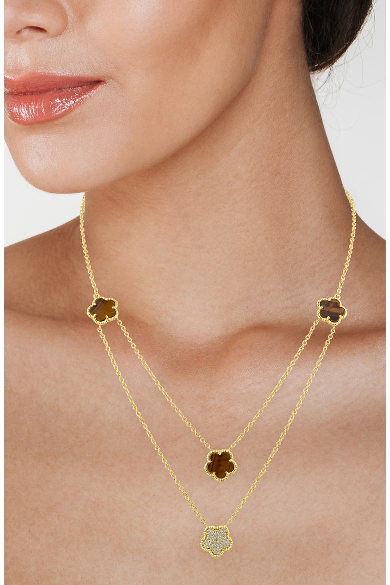 Cubic Zirconia & Faux Tiger's Eye Double Layered Clover Station Necklace, Alternate, color, TIGER EYE/ GOLD