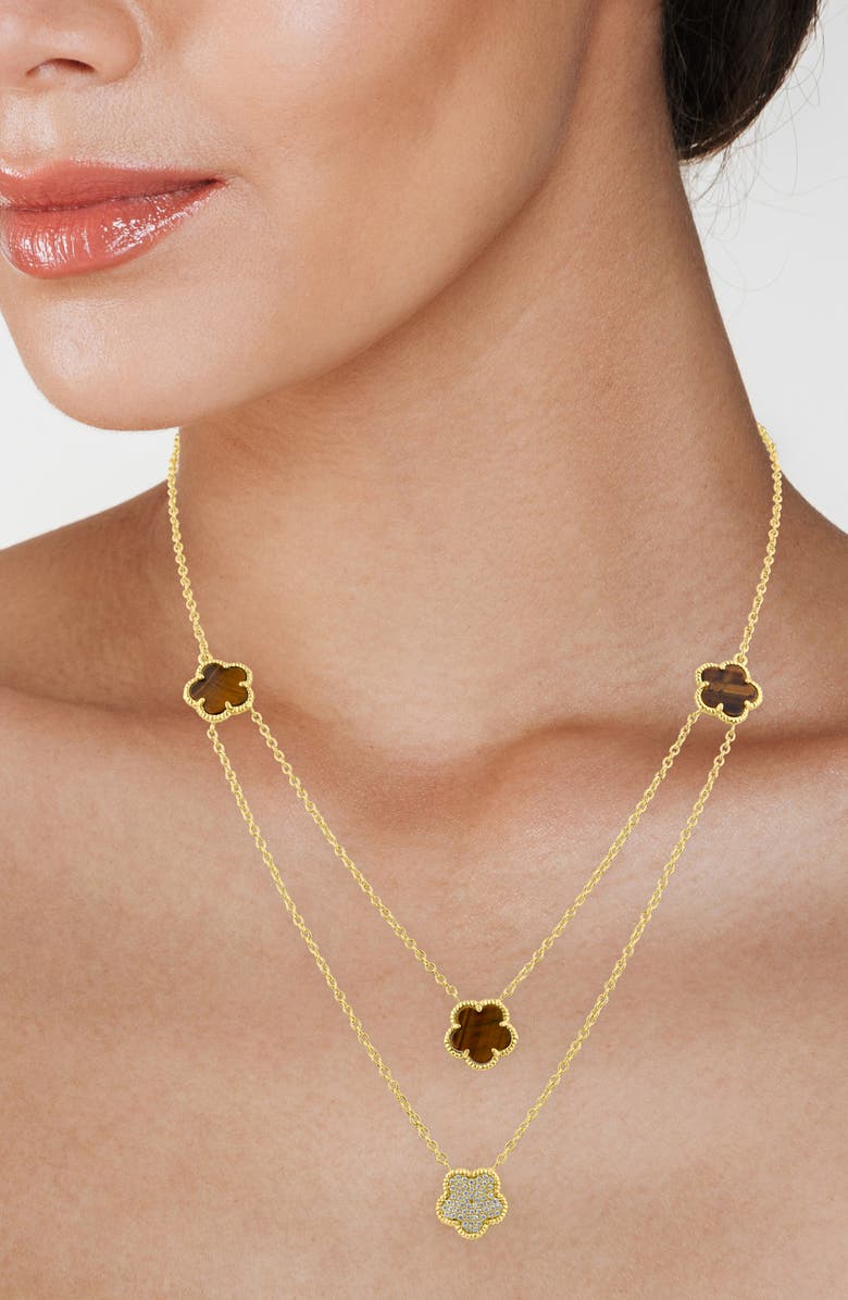 CZ by Kenneth Jay Lane Cubic Zirconia & Faux Tiger's Eye Double Layered Clover Station Necklace, Alternate, color, Tiger Eye/ Gold