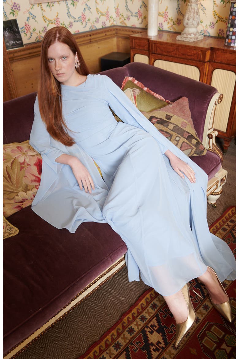 Modest Ruffle Mesh Dress Maxi, Alternate, color, CHOCOLATE