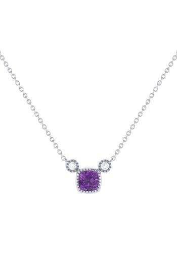 Luvmyjewelry Cushion Cut Amethyst & Diamond 14k Gold Birthstone Necklace In Silver