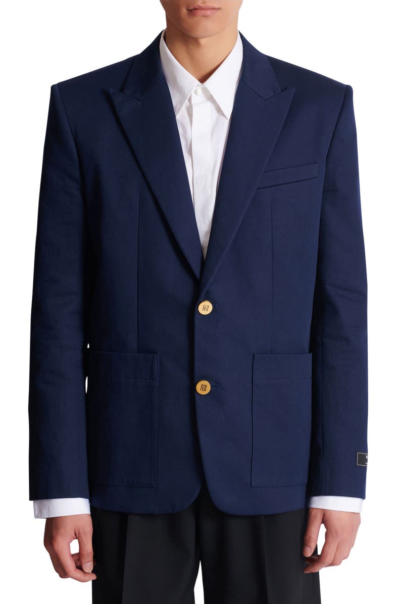 Balmain Cotton twill 2-button jacket, Alternate, color, Navy
