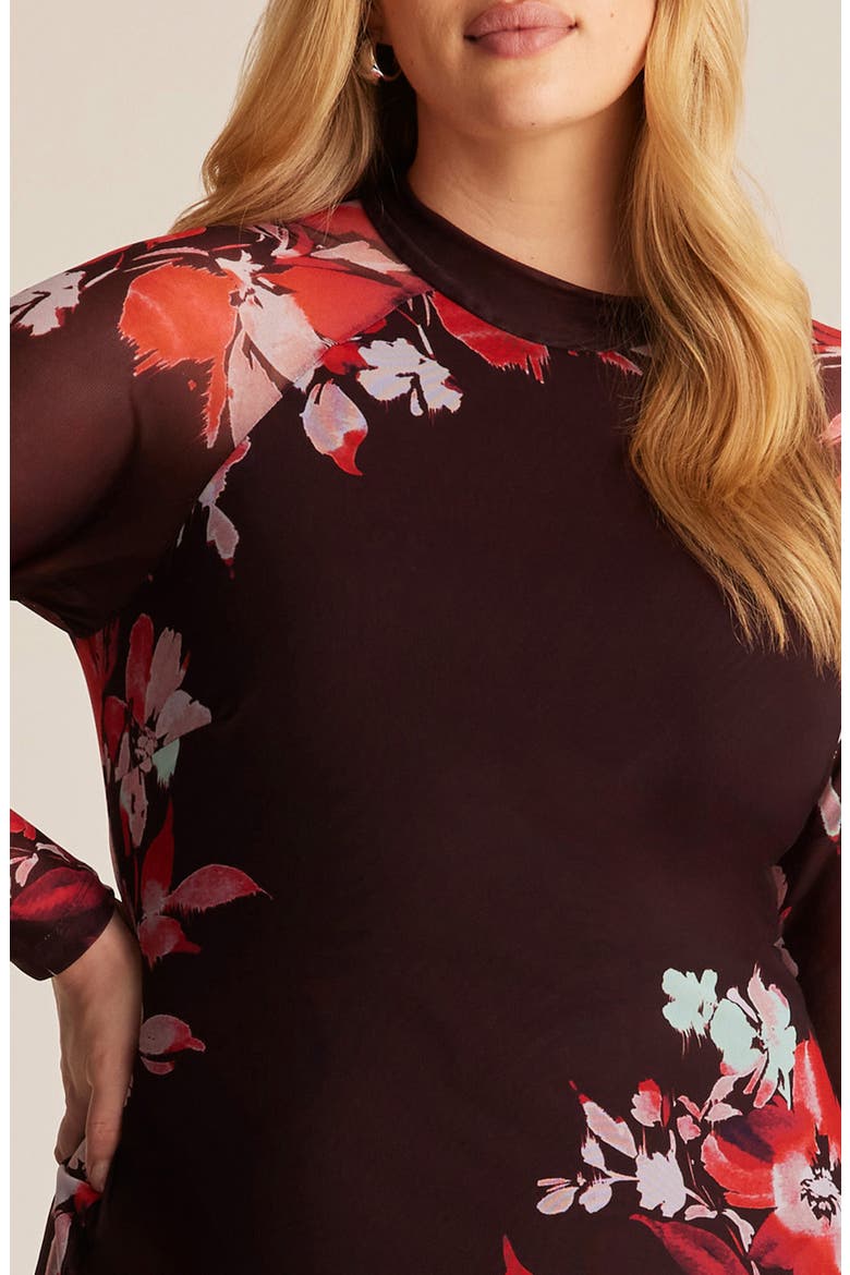 Solene Floral Mesh Midi Dress, Alternate, color, RUBY FLEUR