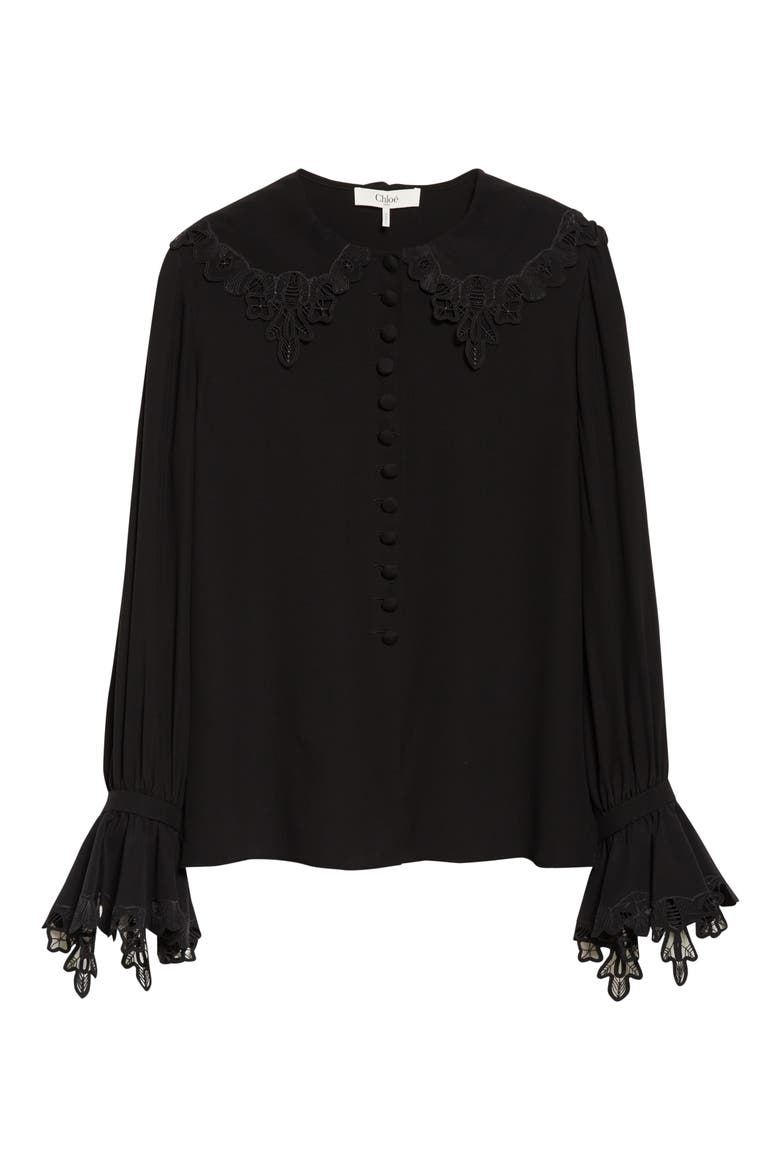 Guipure Lace Organic Silk Button-Up Top, Alternate, color, BLACK