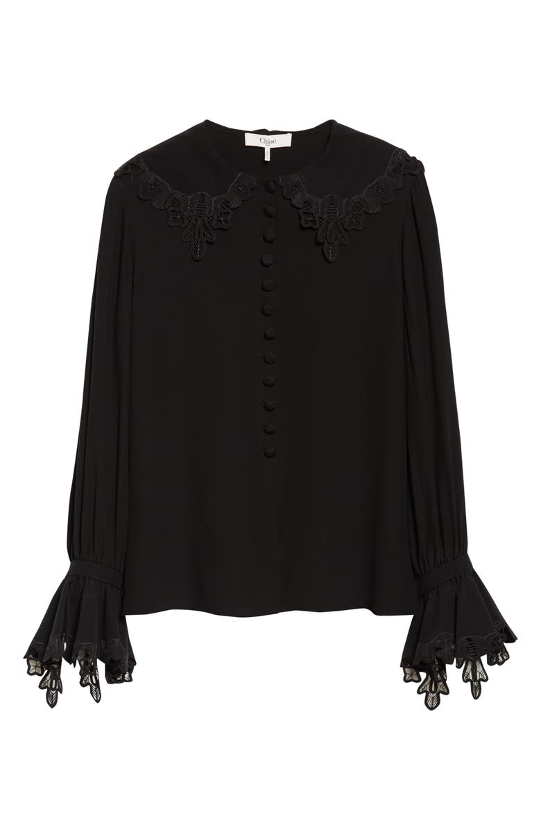 Chloé Guipure Lace Organic Silk Button-Up Top, Alternate, color, Black