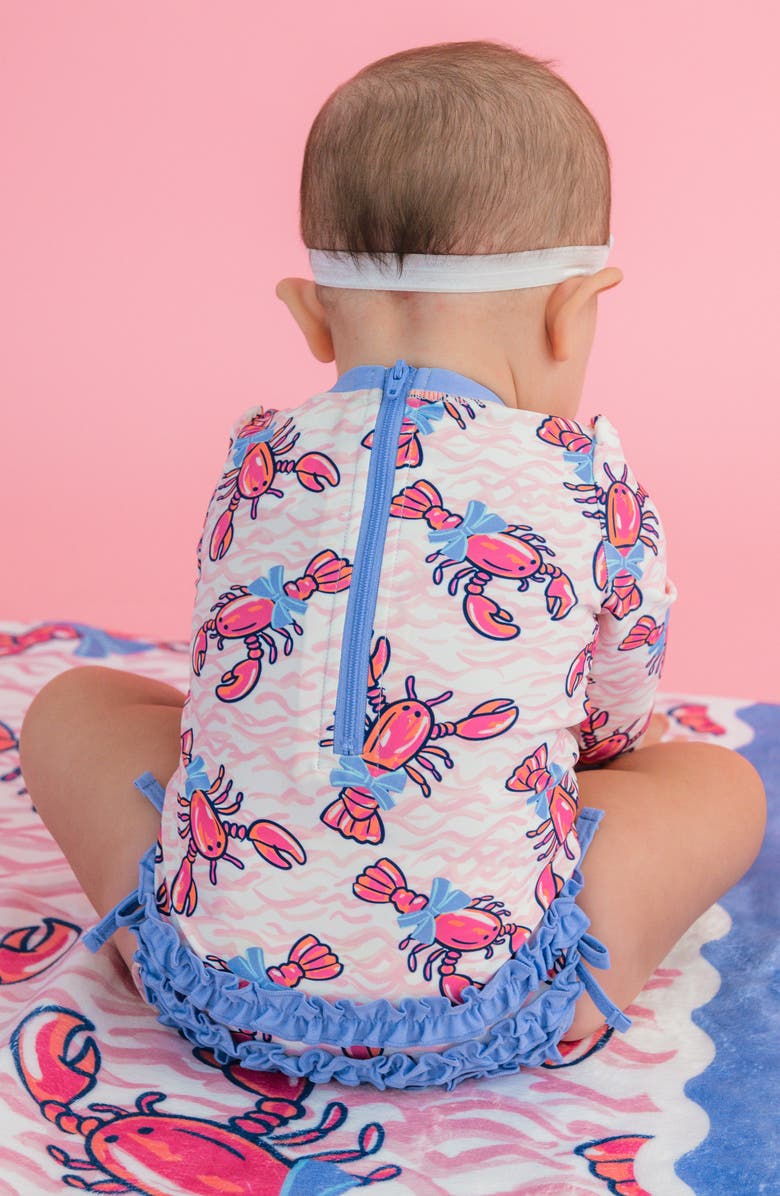 RuffleButts Kids' Lobster Lagoon Long Sleeve One-Piece Rashguard Swimsuit, Alternate, color, Pink