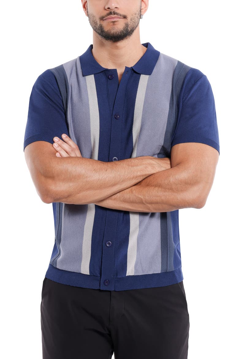 Stripe Short Sleeve Button-Up Polo Sweater, Alternate, color, NAVY/ NAVY