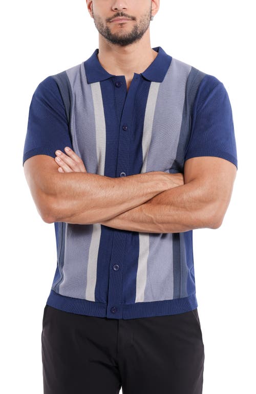 Spring + Mercer Stripe Short Sleeve Button-up Polo Sweater In Navy/navy