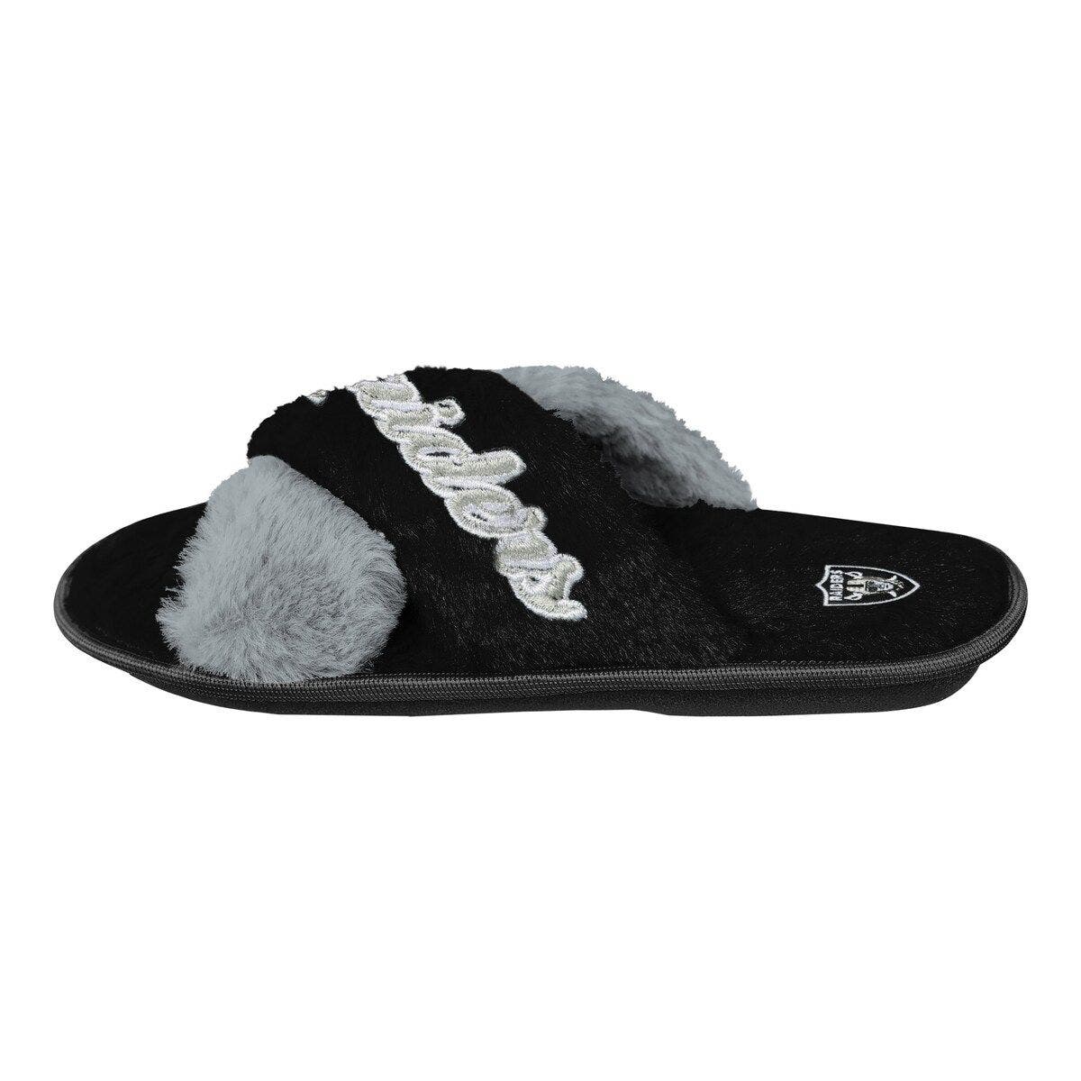 FOCO Women's FOCO Black Las Vegas Raiders Two-Tone Crossover Faux Fur Slide Slippers, Alternate, color, 