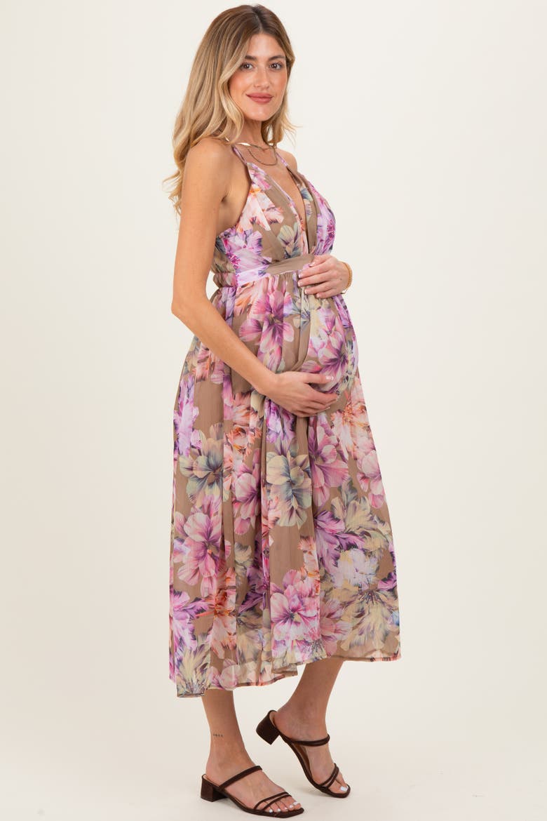Floral Open Back Midi Dress, Alternate, color, Mocha
