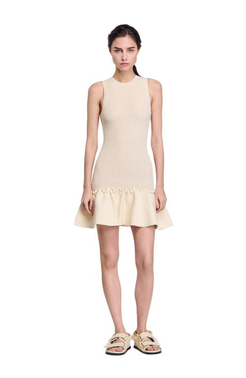 Sandro Knitted Ruffle-trim Mini Dress In Ecru