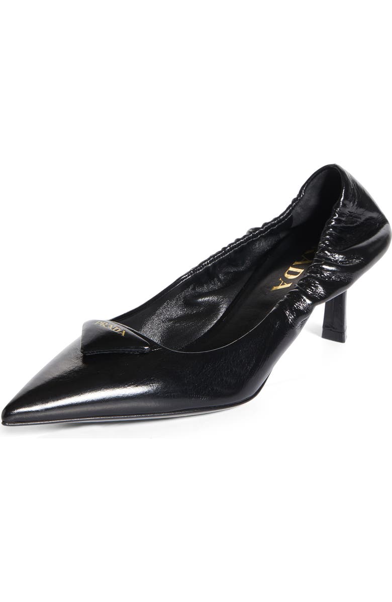 Prada Ruched Logo Kitten Heel Pump, Main, color, Nero