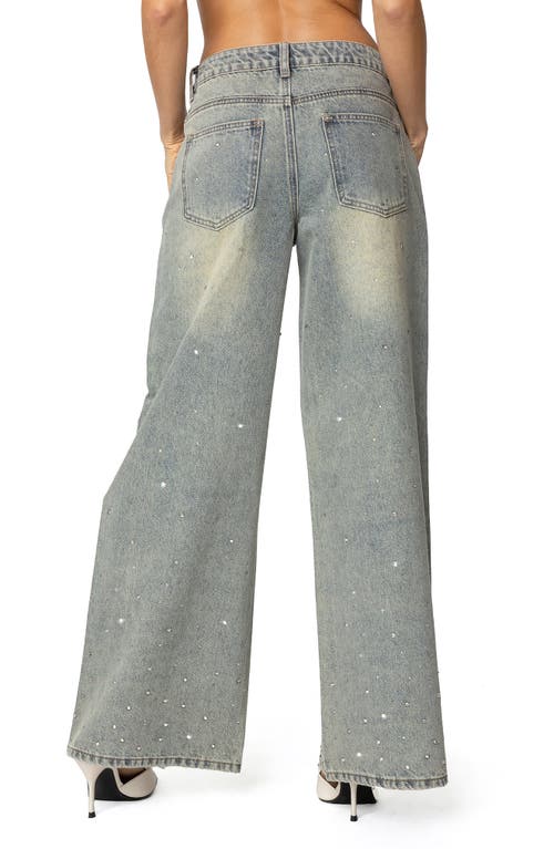 Edikted Low Rise Rhinestone Wide Leg Jeans In Gray
