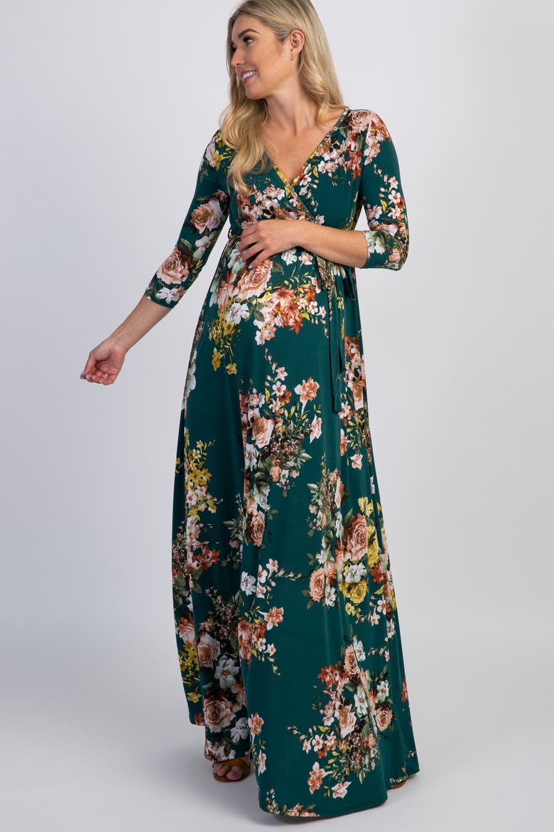 Rose Print Sash Tie Maxi Dress, Main, color, Teal