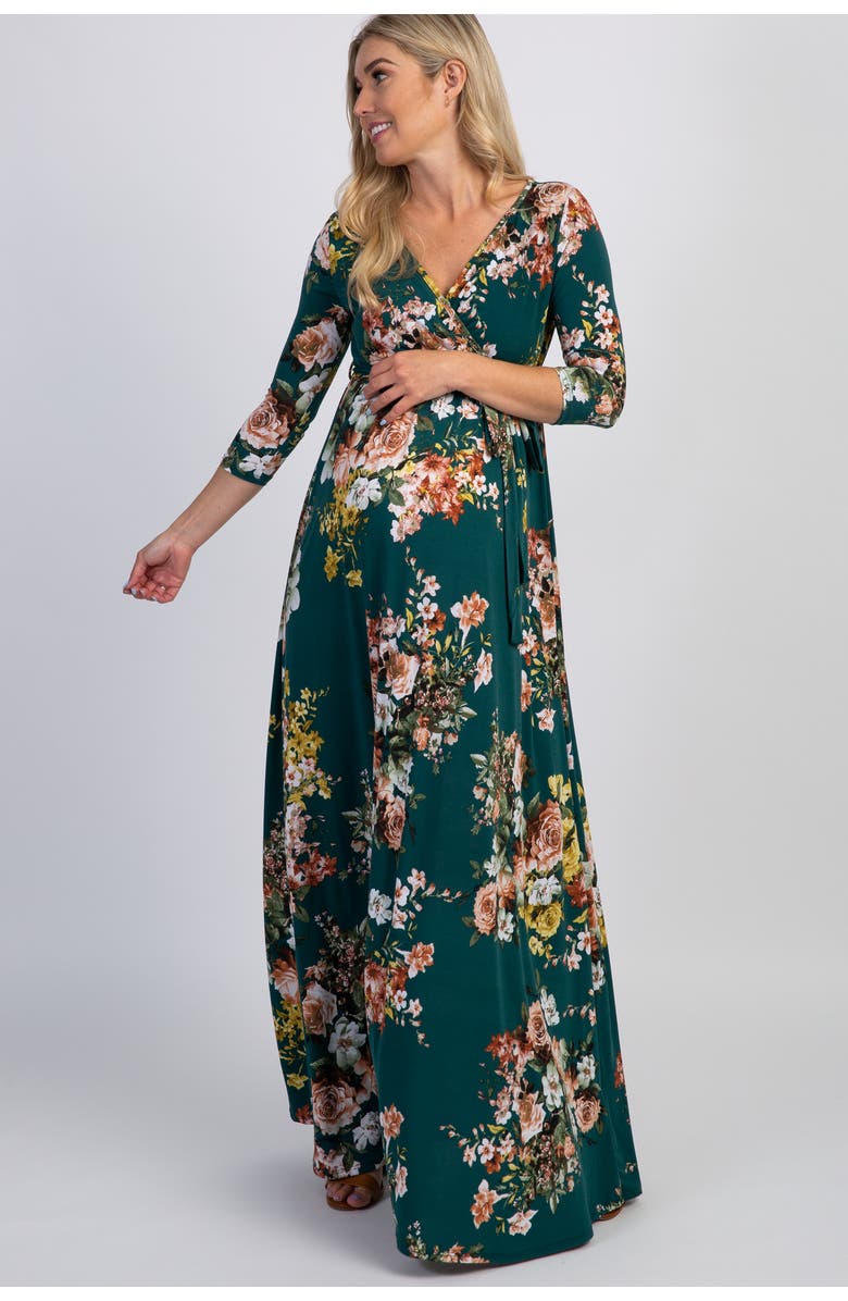 PinkBlush Rose Print Sash Tie Maxi Dress, Main, color, Teal
