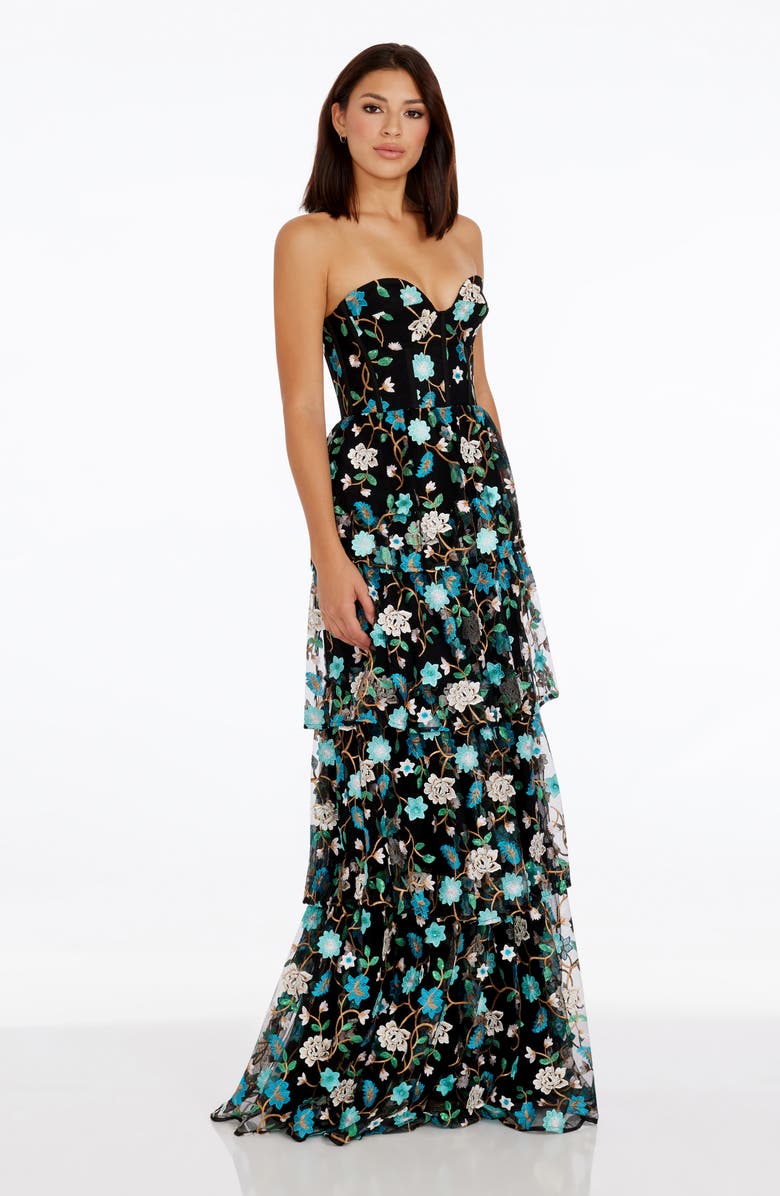 Dress the Population Layana Floral Embroidery Strapless Gown, Alternate, color, Turquoise Multi