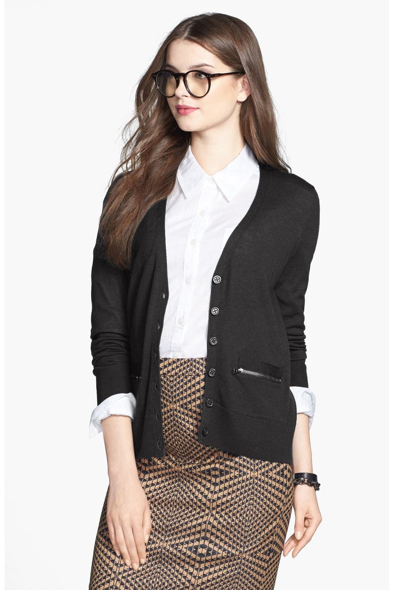 Zip Pocket V-Neck Cardigan, Main, color, BLACK