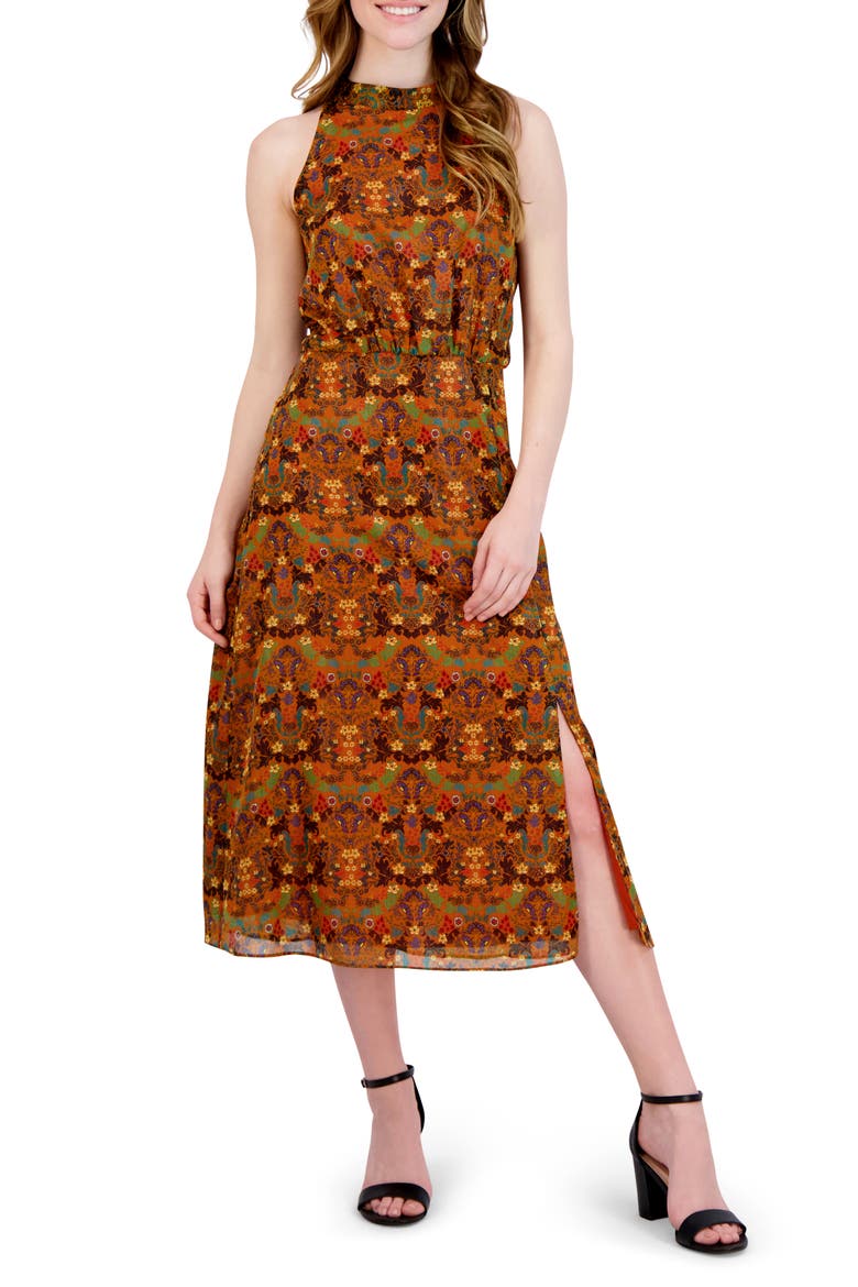 Mock Neck Sleeveless Midi Dress, Main, color, MUSTARD MULTI