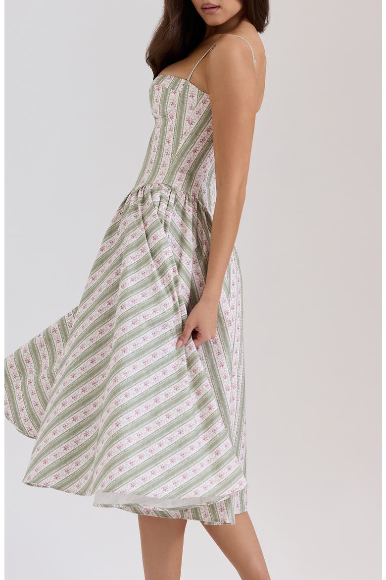 Mya Corset Sleeveless Midi Dress, Alternate, color, ROSE STRIPE FLORAL GREEN