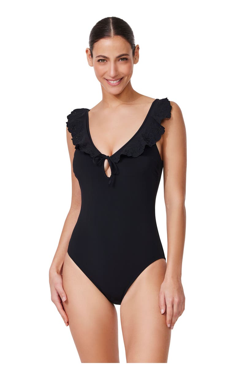 Profile by Gottex Bachelorette V-Neck Ruffle One Piece, Main, color, Black