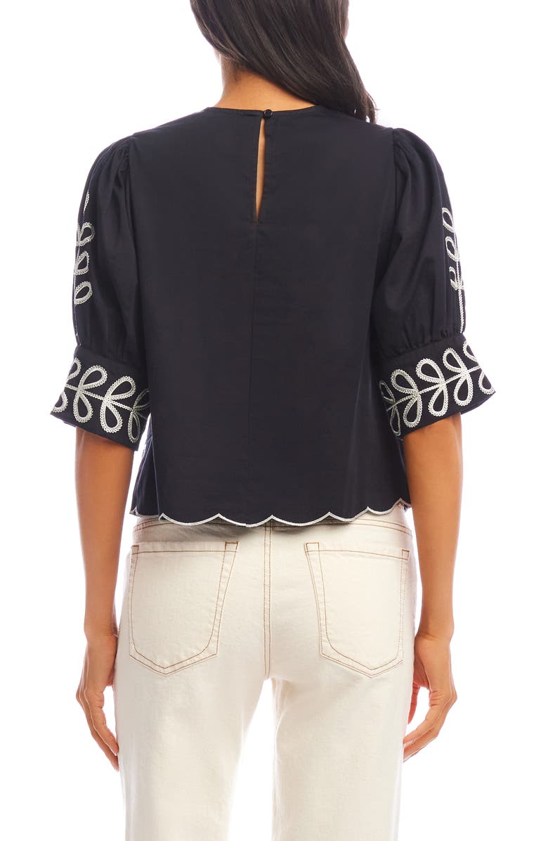 Karen Kane Embroidered Scallop Puff Sleeve Cotton Top, Alternate, color, Black/ Cream